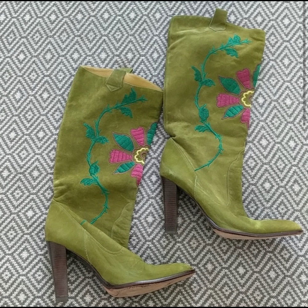 Vince Camuto Green Suede Embroidered Heeled Boots